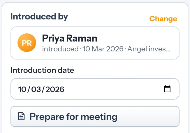 The Introduced by card for Mia Chen: introduced by Priya Raman on 10 March 2026, with the editable introduction date.