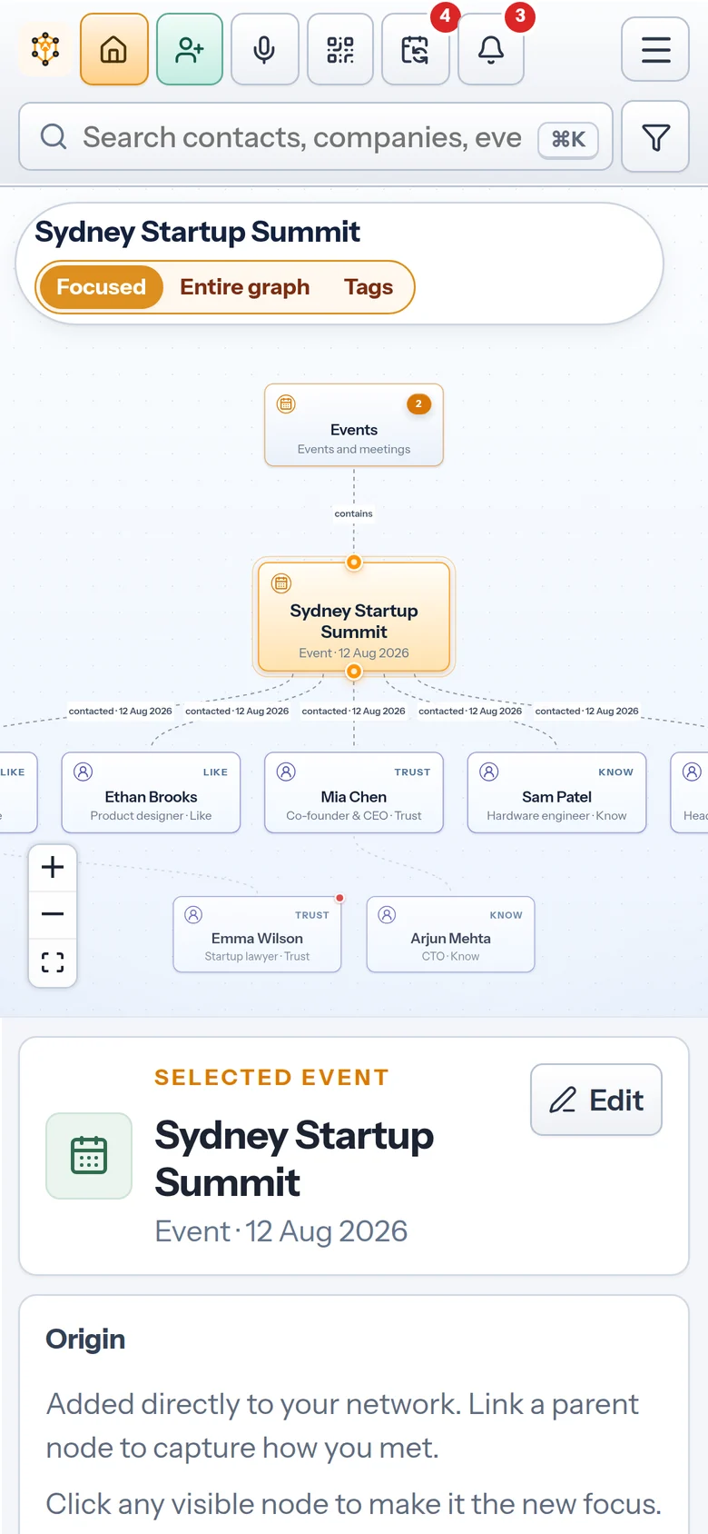 The Sydney Startup Summit event on an iPhone, with the people met there.