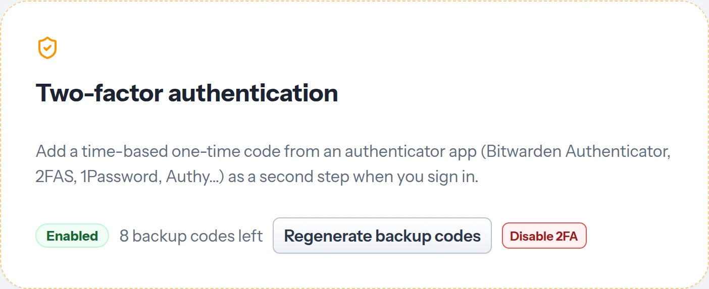 The Two-factor authentication card, showing 2FA enabled with eight backup codes left.
