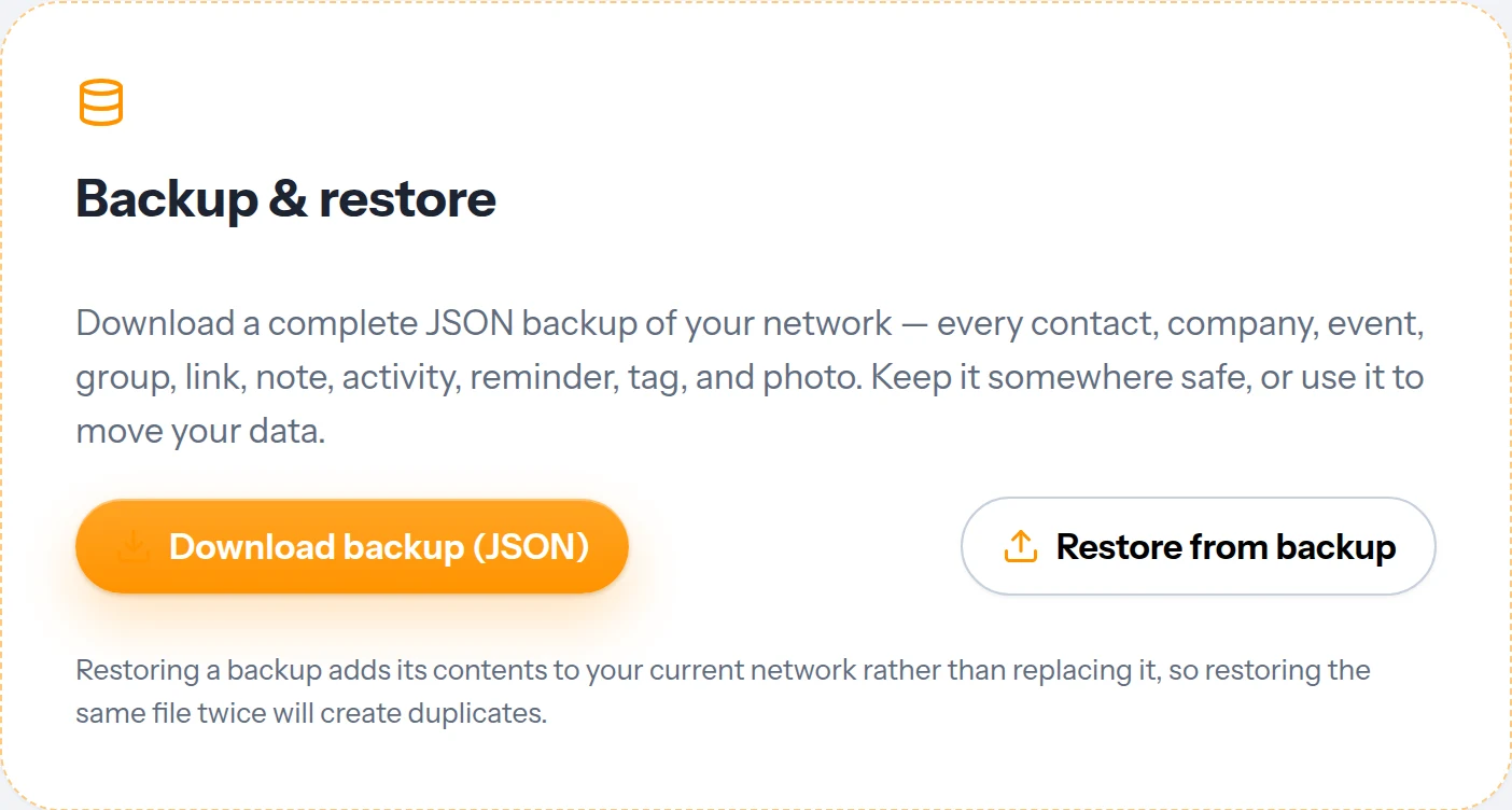 The Backup and restore card in Kinnetly settings, with Download backup (JSON) and Restore from backup buttons.