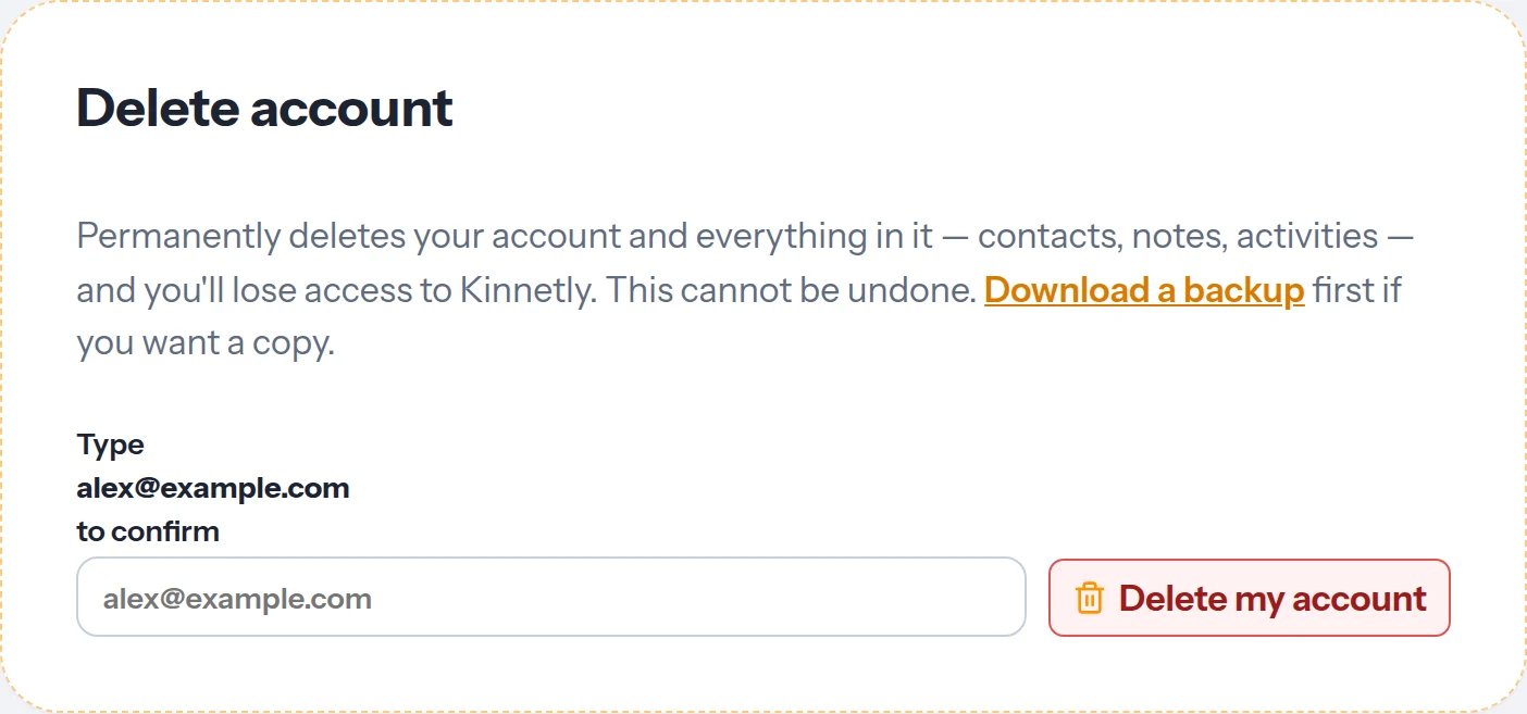 The Delete account card, which asks you to type your email address to confirm.