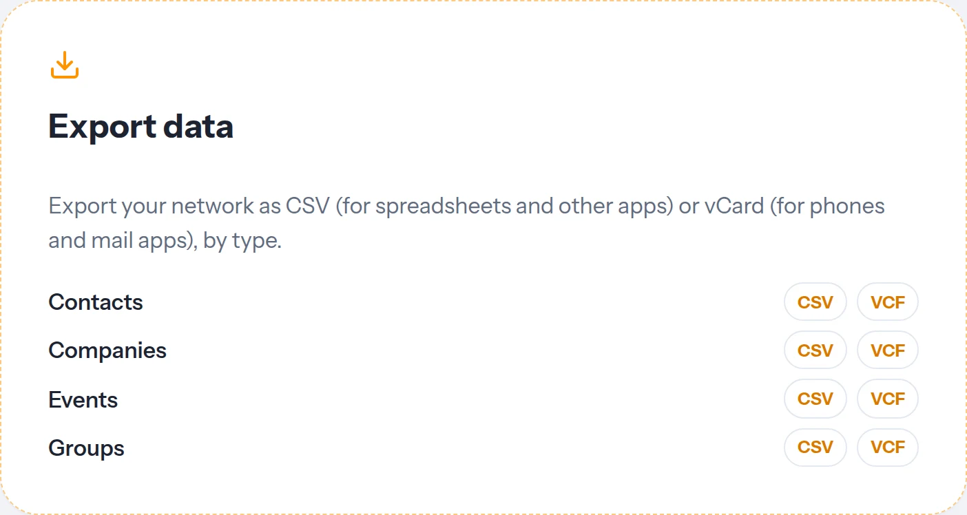 The Export data card, with CSV and VCF downloads for contacts, companies, events and groups.